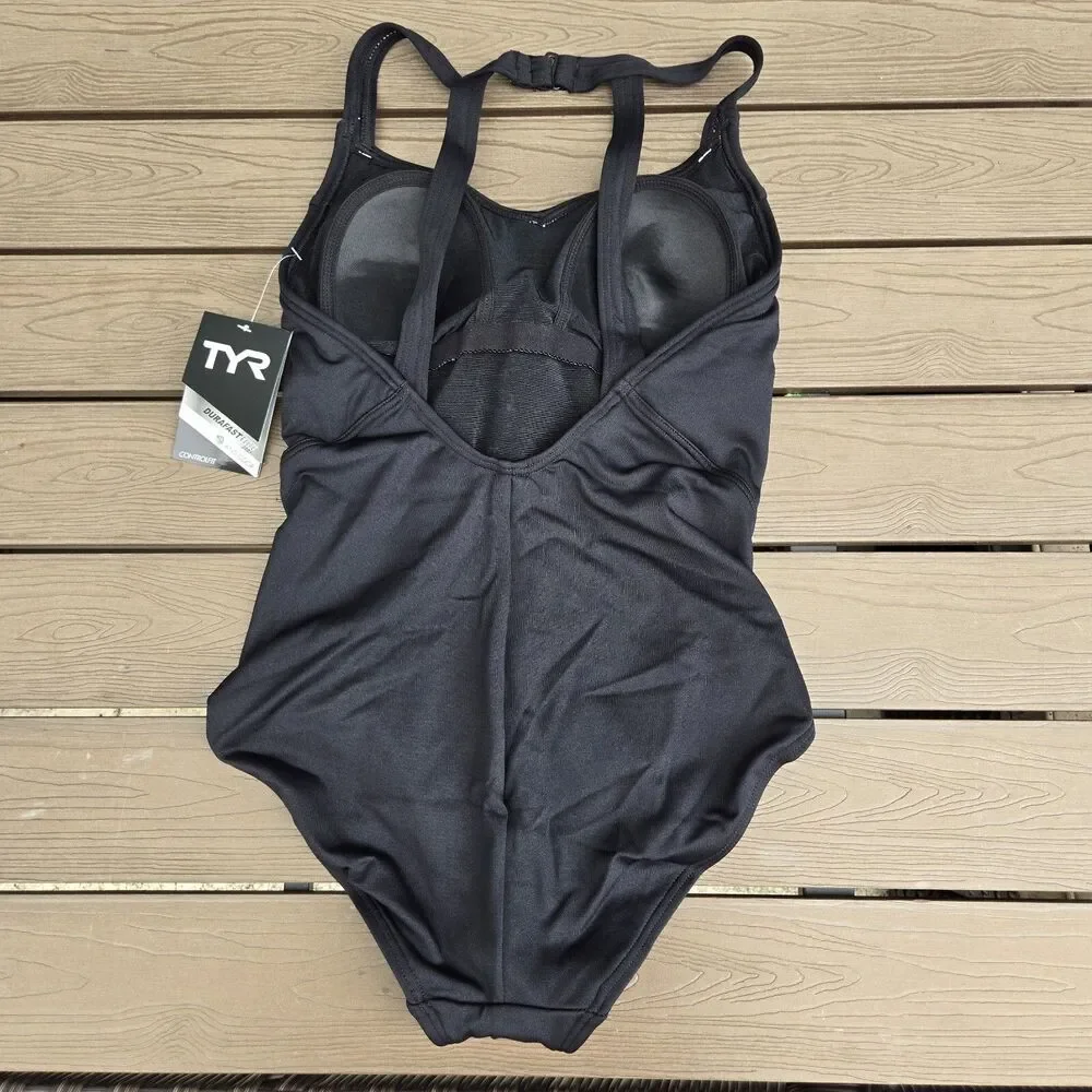 TYR Women's Durafast Solid Black Halter Control Fit One Piece Swimsuit Sz 20 New